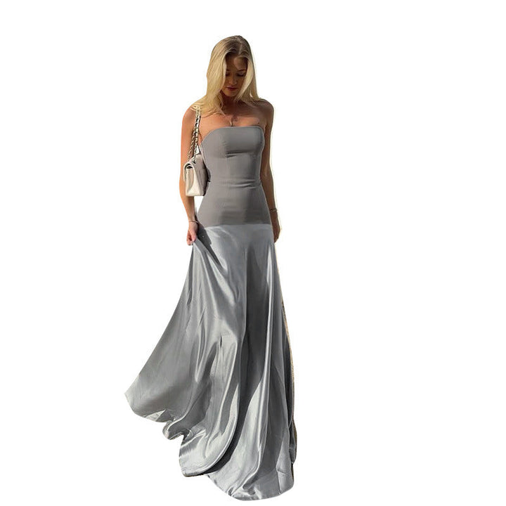 Damen bodenlanges Abendkleid mit trägerlosem Design und fließendem Satin Drune
