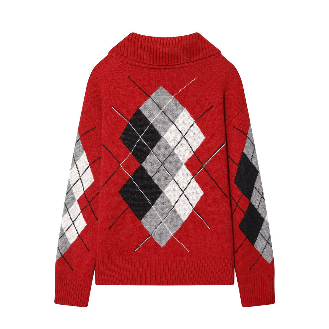 Damen Oversized Strickpullover mit Rautenmuster und Rollkragen Drune