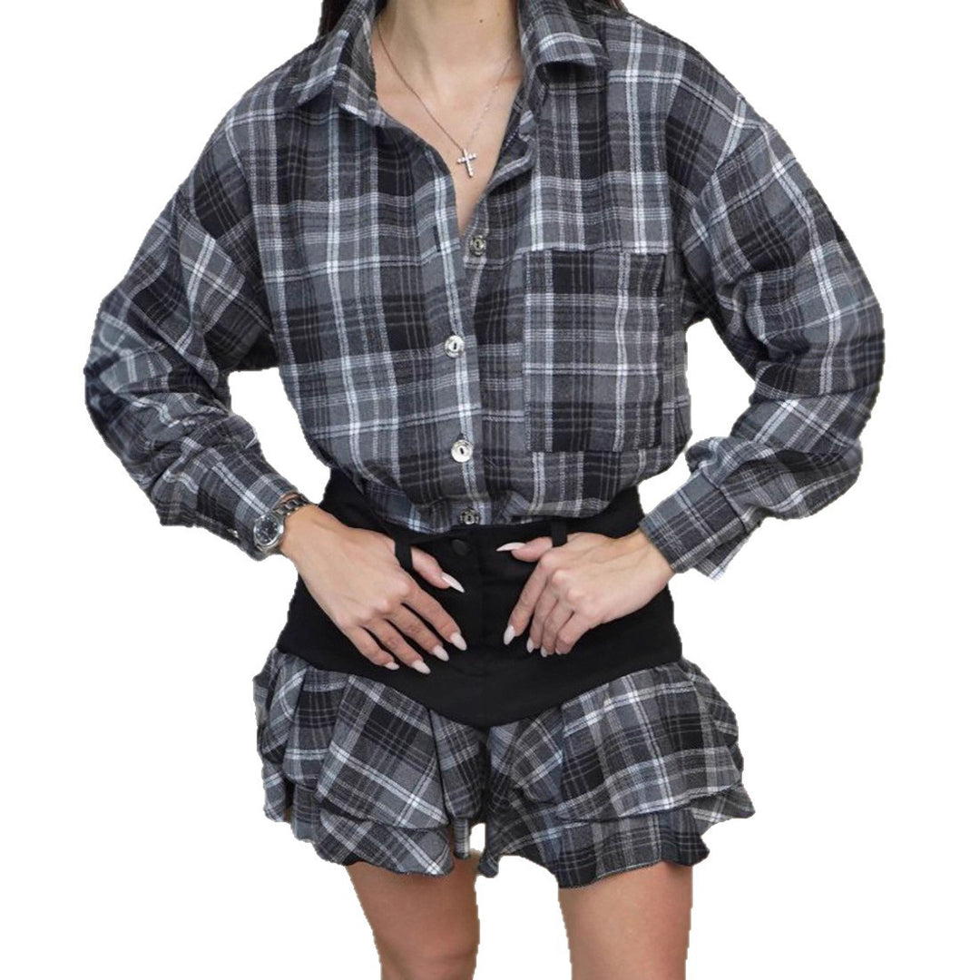 Damen Kariertes Flanell-Hemd mit voluminösem Rock Drune