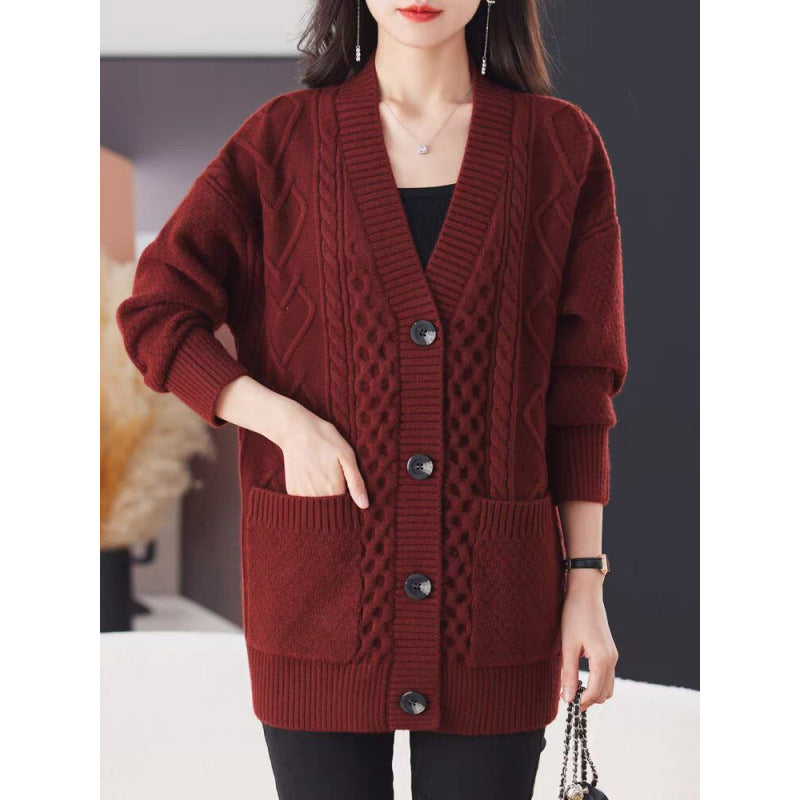 Damen gemütliche Strickjacke mit großem Zopfmuster Drune