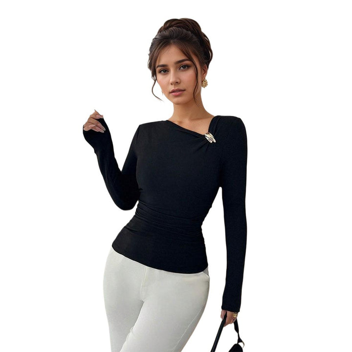 Damen figurbetontes Langarmshirt mit asymmetrischem Ausschnitt und dekorativer Brosche Drune