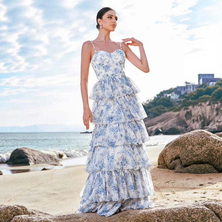 Damen Boho-Chic Maxikleid mit floralen Volant-Details und herzförmigem Ausschnitt Drune