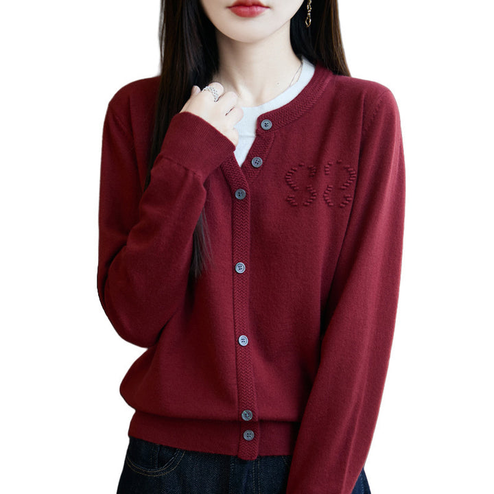 Damen Kurzer Feinstrick-Cardigan mit V‑Schlitzkragen, Rippenblende und dezentem Struktur‑Logo Drune
