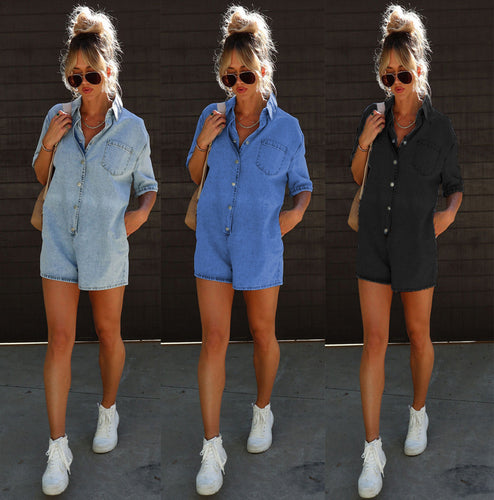 Damen Denim Playsuit mit lässigem Kurzarmdesign und praktischen Taschen Drune