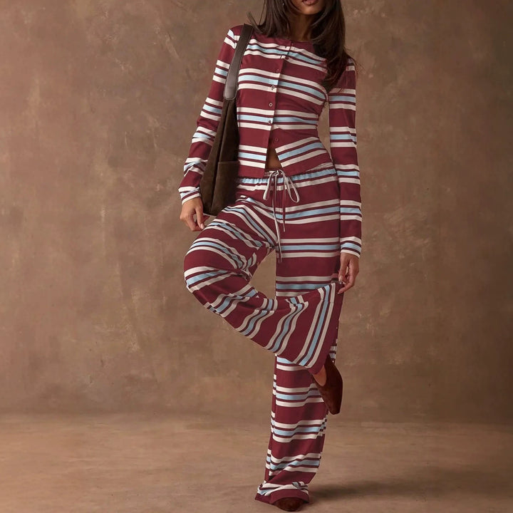 Damen Gestreiftes Strick-Lounge-Set mit tailliertem Knopfcardigan und weitem Palazzohose Drune