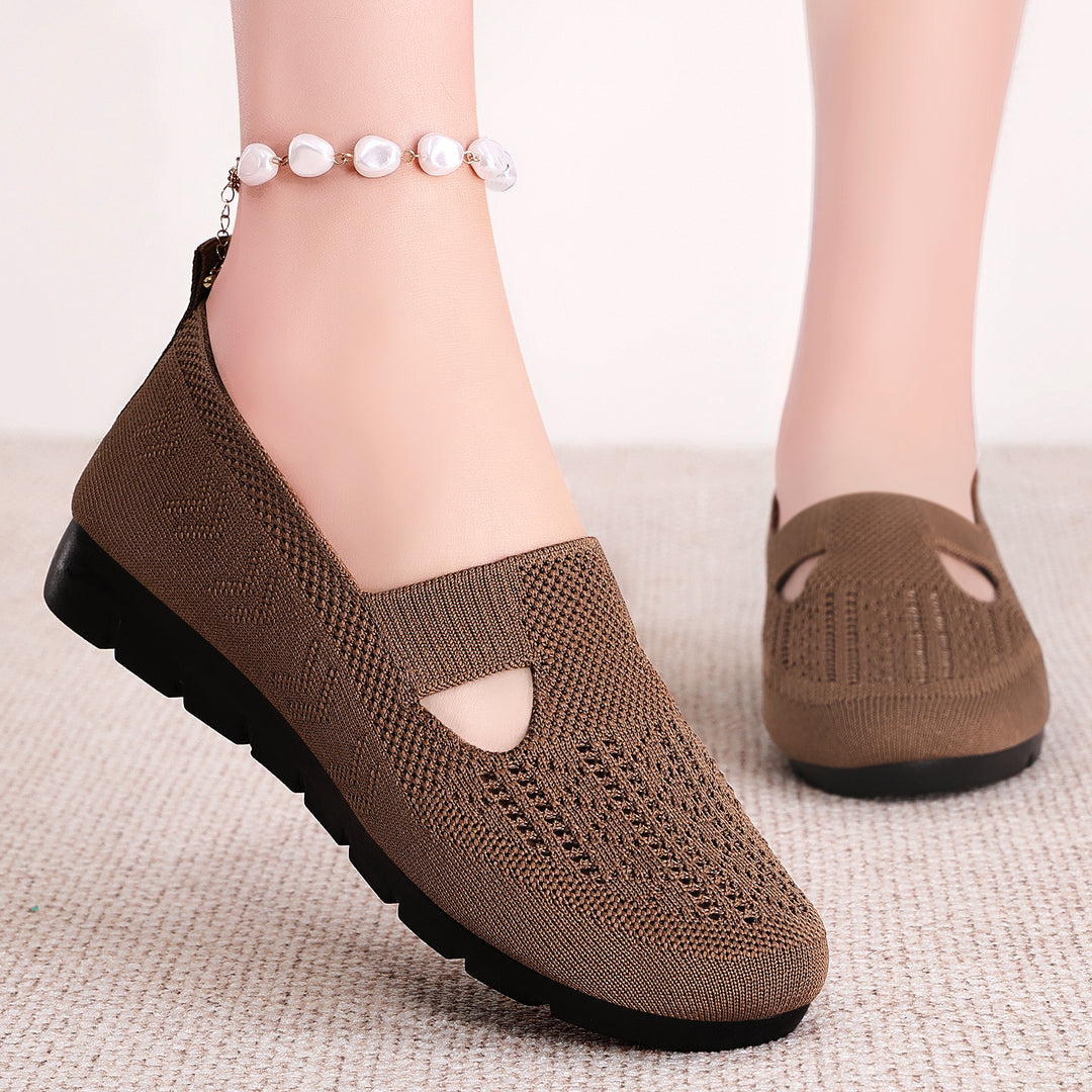 Damen nan gestrickter Slip-On Ballerina-Slipper mit elastischem Mary-Jane-Riemen und gedämpfter Keilsohle Drune