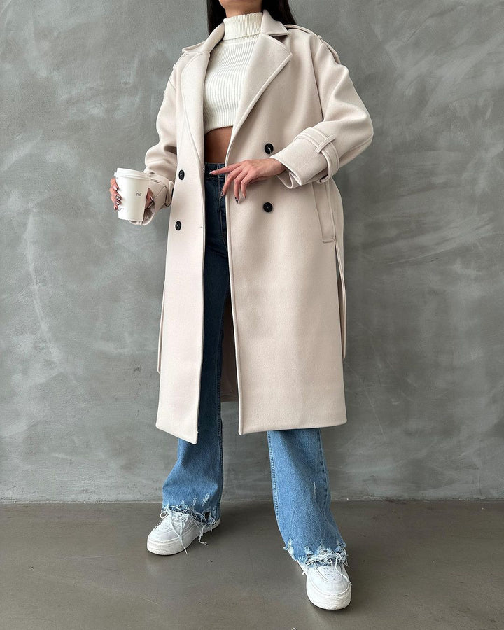 Damen Oversize Wollmix-Mantel mit doppelreihiger Knopfleiste und Taillengürtel Drune