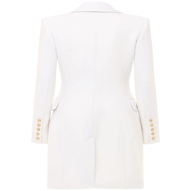 Damen Schmalgeschnittener Zweireihiger Wollmix-Longcoat mit markanter Schulter und goldenen Zierrundknöpfen Drune