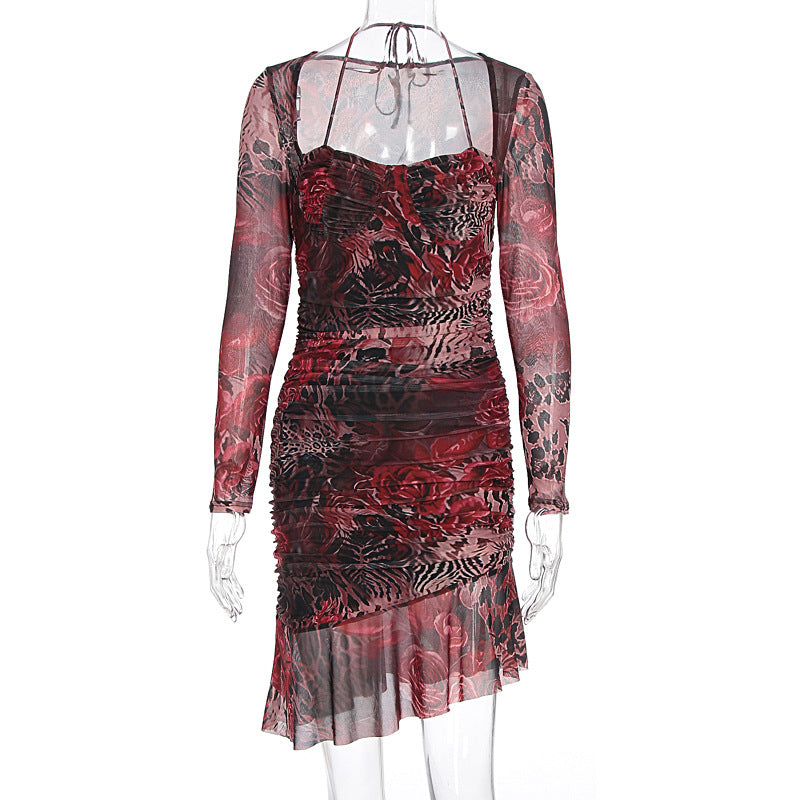 Damen figurbetontes Minimidi-Kleid mit transparentem Design und Blumenmuster Drune