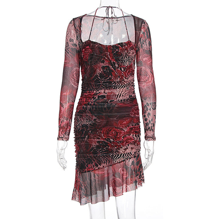 Damen figurbetontes Minimidi-Kleid mit transparentem Design und Blumenmuster Drune