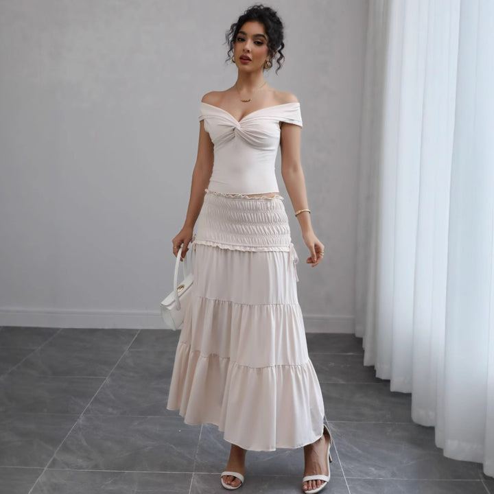 Damen Off-Shoulder Maxikleid mit gerafftem Rock und romantischem Design Drune