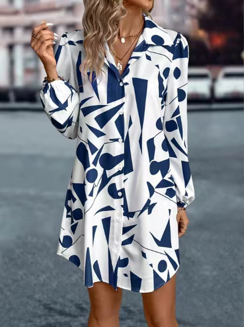 Damen Hemdblusen-Kleid mit modernem geometrischem Druck und praktischen Knopfdetails Drune