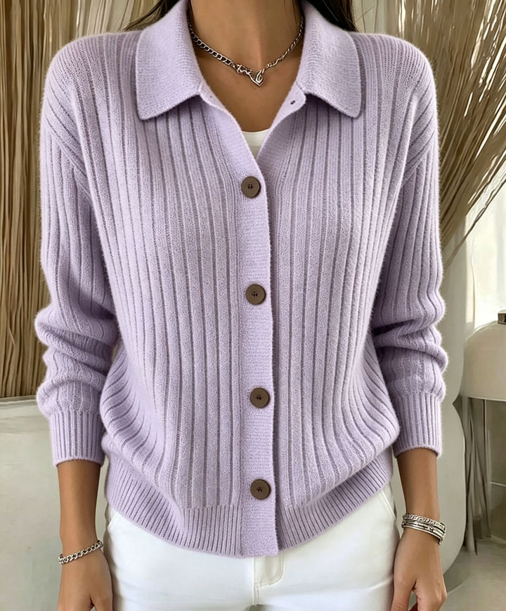 Damen Feiner gerippter Knopf‑Cardigan mit Hemdkragen und kastiger Silhouette Drune