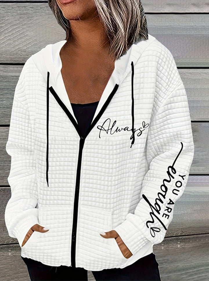 Damen nan oversized Kapuzenjacke mit Reißverschluss, handgeschriebener Typo-Applikation und Kontrast-Eingrifftaschen Drune