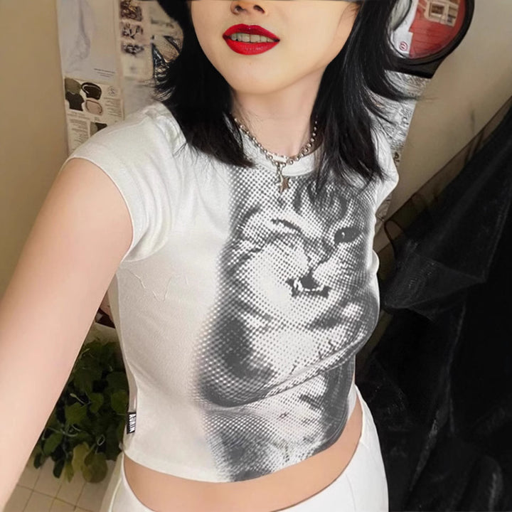 Damen Crop-T-Shirt mit kreativem Katzenmotiv Drune