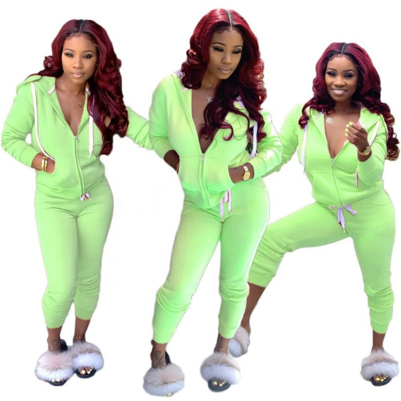 Damen tailliertes Kapuzen‑Sweatdress‑Set mit Reißverschluss und enganliegender Jogginghose Drune