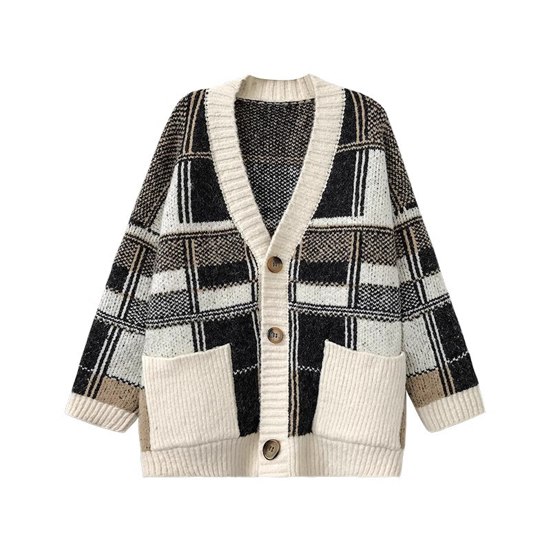 Damen Modischer Oversized Cardigan mit Karomuster Drune