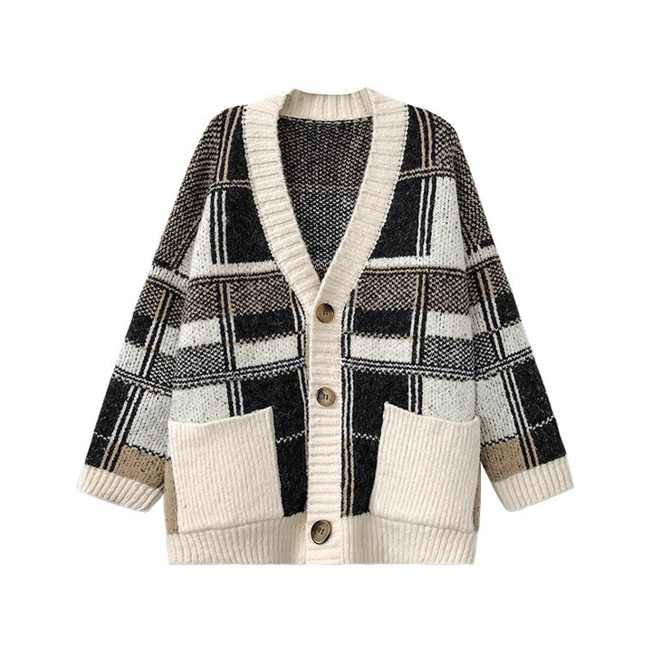 Damen Modischer Oversized Cardigan mit Karomuster Drune