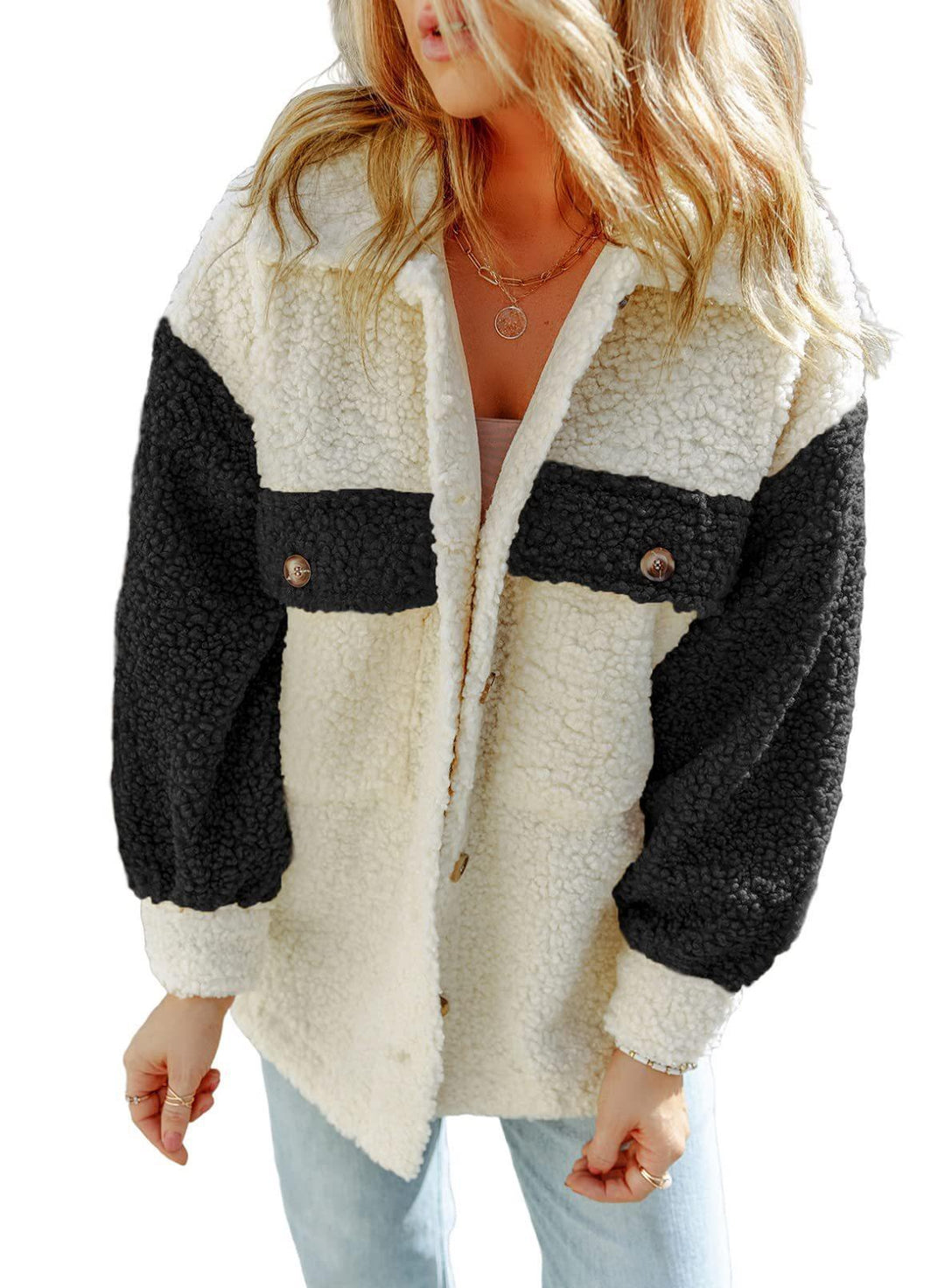 Damen nan oversized Teddy-Hemdjacke mit Kontraststreifen, aufgesetzten Brusttaschen und sichtbarer Knopfleiste Drune
