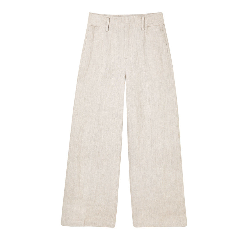 Damen Hochtaillierte Leinenhose mit weitem Bein, Bügelfalte und Gürtelschlaufen Drune