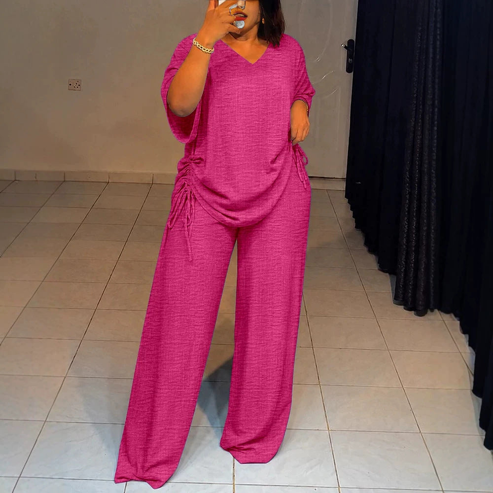 Damen Oversize-Lounge-Set mit V-Ausschnitt, seitlicher Raffung und weiter Palazzohose Drune