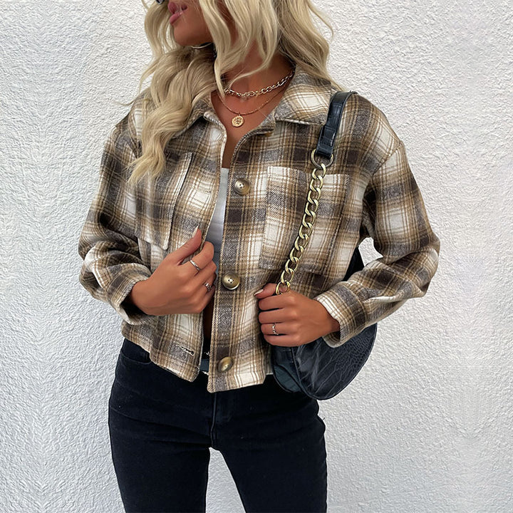 Damen Karo-Umschlaghemdjacke mit kastiger Kurzform und aufgesetzten Brusttaschen Drune