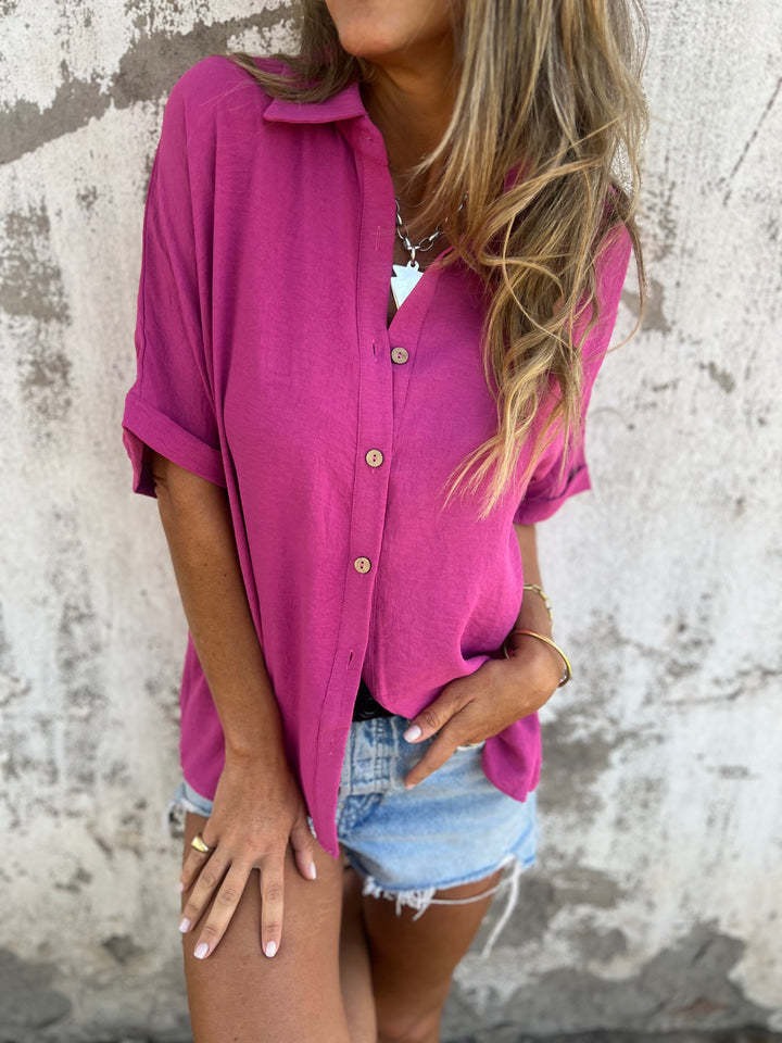 Damen lässige Bluse mit umschlagbaren Ärmeln und Knopfdetail Drune