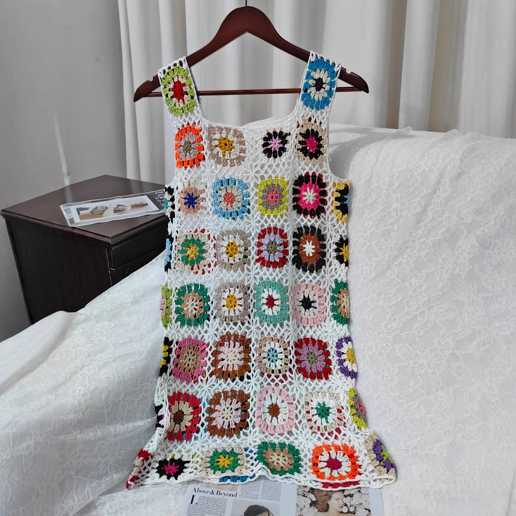 Damen luftiges Häkelkleid mit buntem Granny-Quadrat-Muster Drune