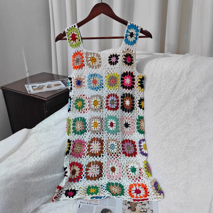 Damen luftiges Häkelkleid mit buntem Granny-Quadrat-Muster Drune