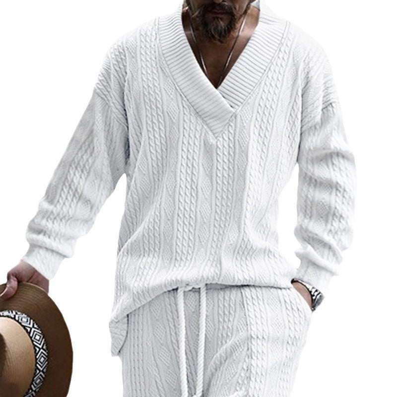 Herren Zopfstrick-Loungewear-Set mit tiefem V-Ausschnitt, Relaxed-Fit & Kordelhose Drune