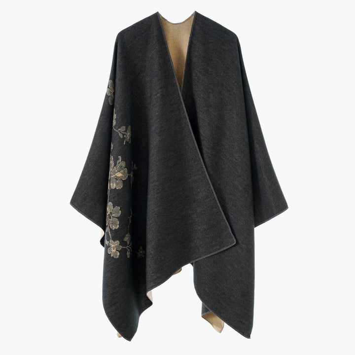 Damen Offener Reversibler Wollmix‑Cape mit floralem Jacquard Drune
