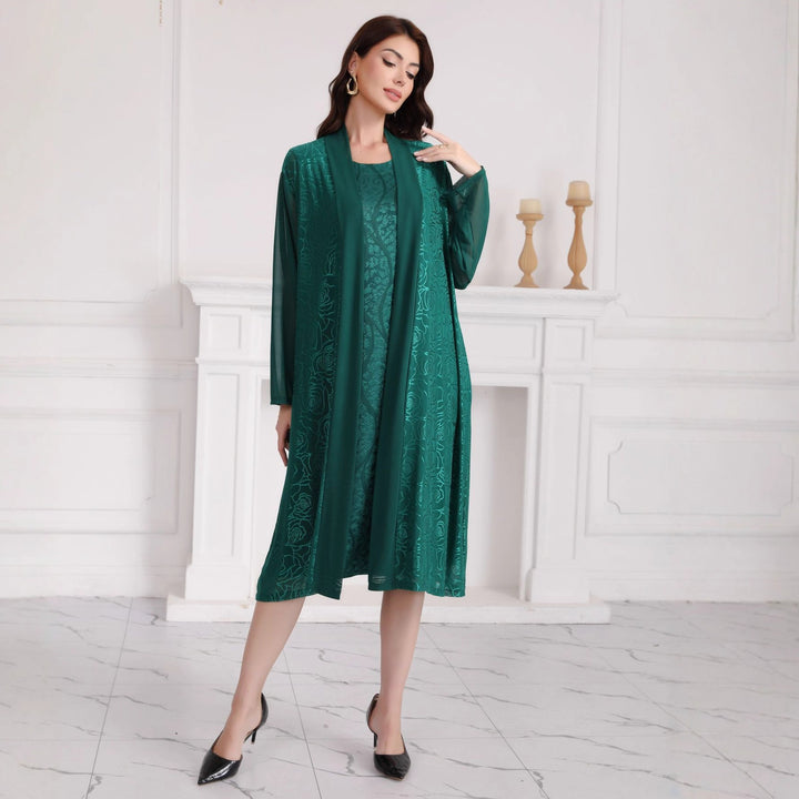 Damen Zweiteiliges Midikleid-Set mit floralem Jacquard-Overlay und offenem Mantel Drune