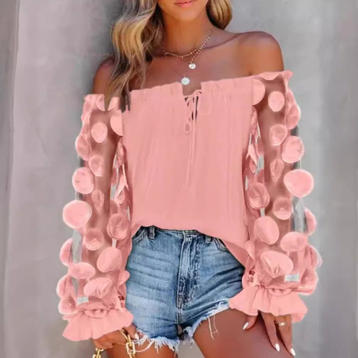 Damen nan schulterfreies Carmen-Top mit transparenten Organza-Ärmeln, kreisförmigen Applikationen und Volantmanschetten Drune