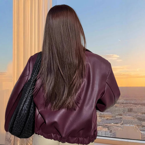 Damen moderne Bikerjacke mit glänzendem Kunstleder Drune