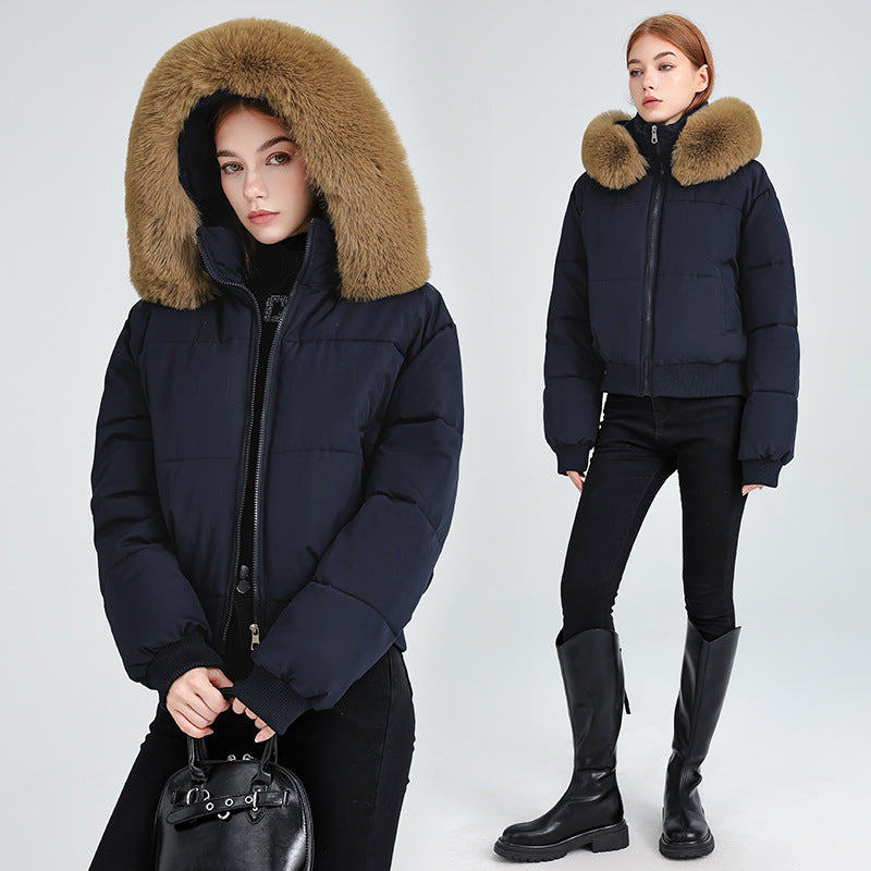 Damen Kurz-Bomber-Steppjacke mit abnehmbarem Plüschkragen und geripptem Saum Drune