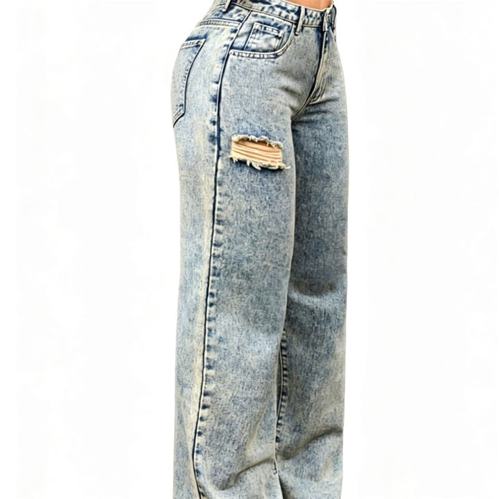 Damen High-Waist Relaxed-Jeans mit Steinwasch-Effekt und seitlichem aufgerissenem Einsatz Drune