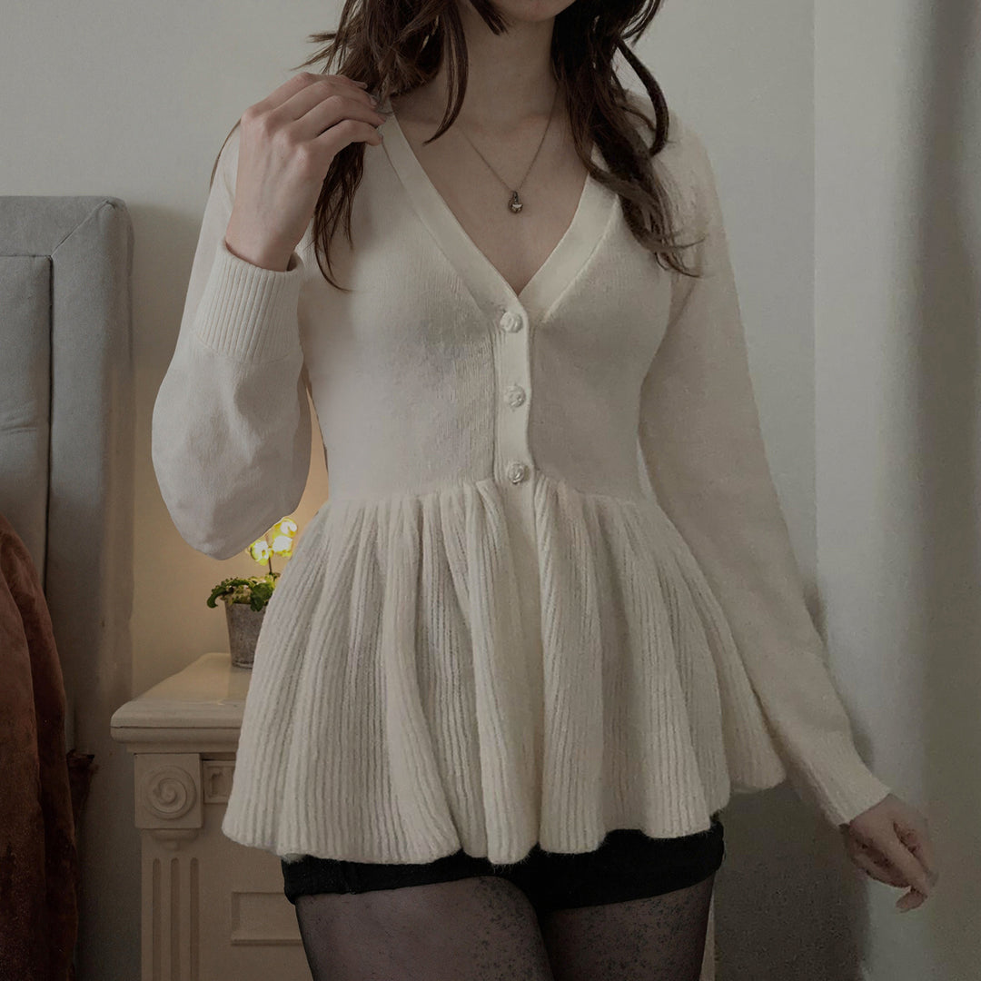 Damen nan geripptes Langarm-Top mit Empire-Taille, zierlicher Knopfleiste und Spitzenbesatz Drune