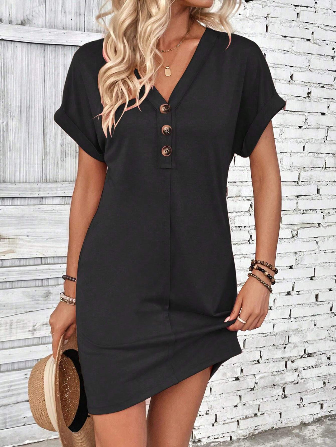Damen Lockeres V-Ausschnitt Freizeitkleid mit Zierknopfleiste Drune
