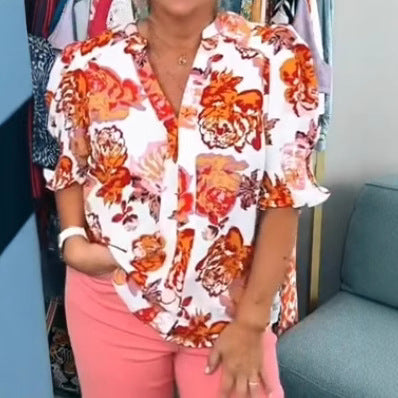 Damen nan lockere Bluse mit gerafften Puffärmeln und Knopfleiste Drune