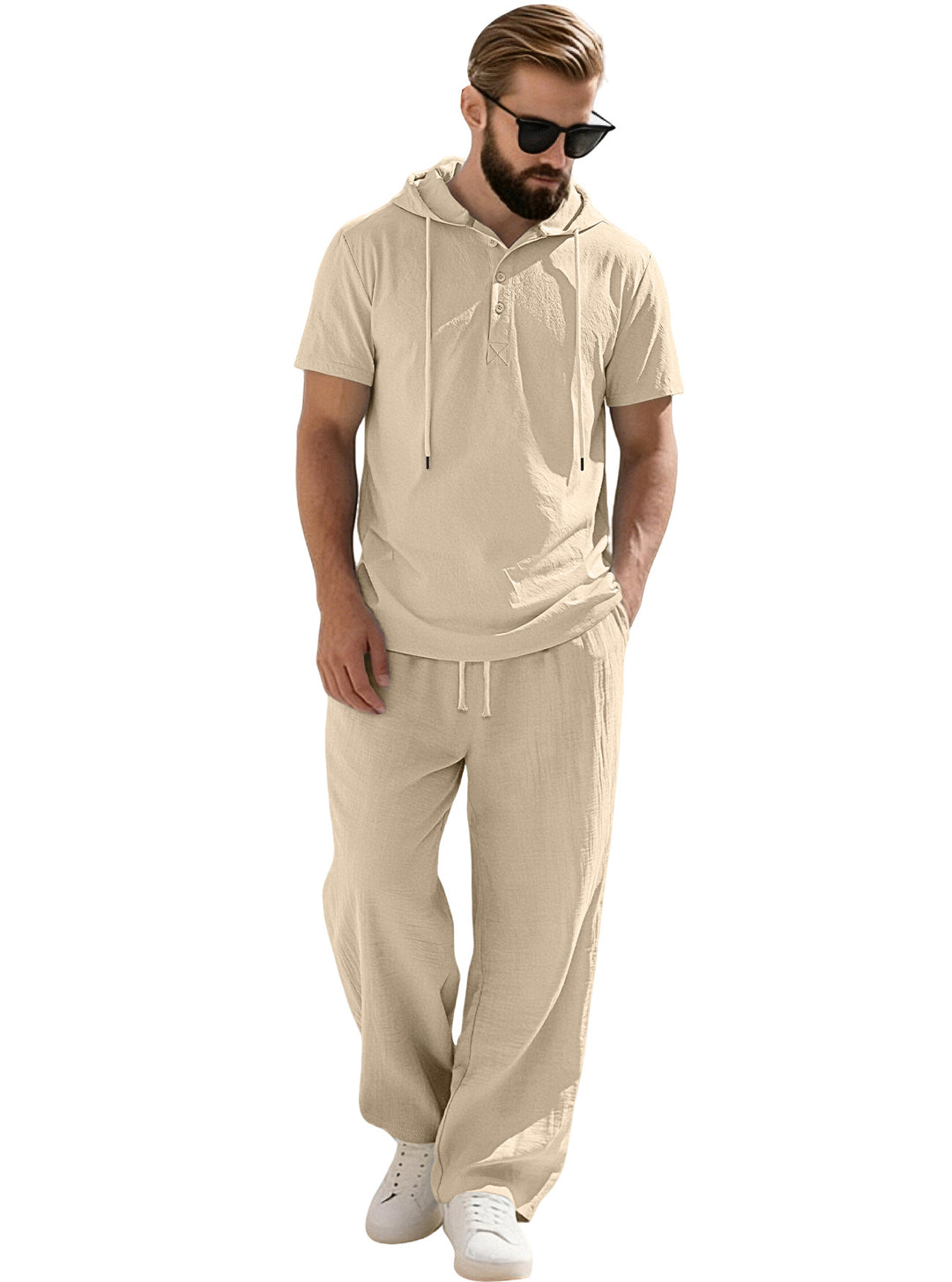 Herren nan lässiges Kurzarm-Kapuzenshirt im gekreppten Baumwollmix mit Henley-Knopfleiste Drune