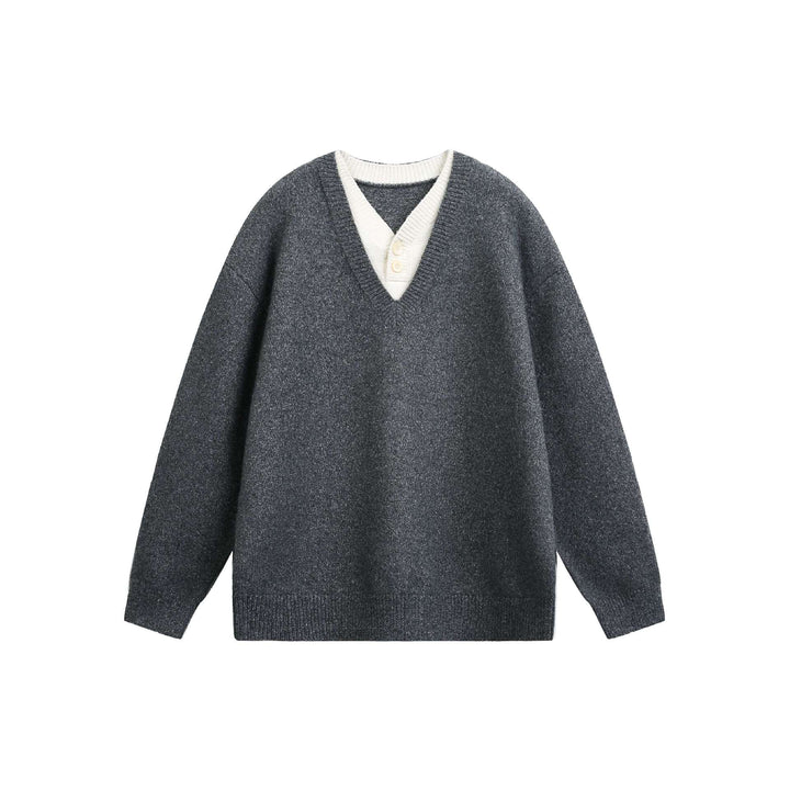 Damen Oversize V Neck Strickpullover mit Henley-Optik und gerippten Bündchen Drune