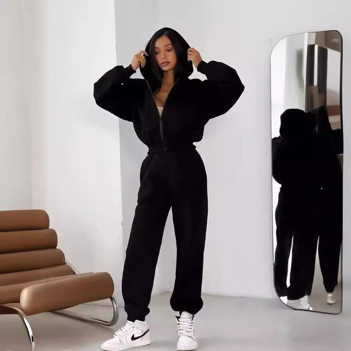 Damen kuscheliger Zip-Hoodie und Jogginghose Set Drune