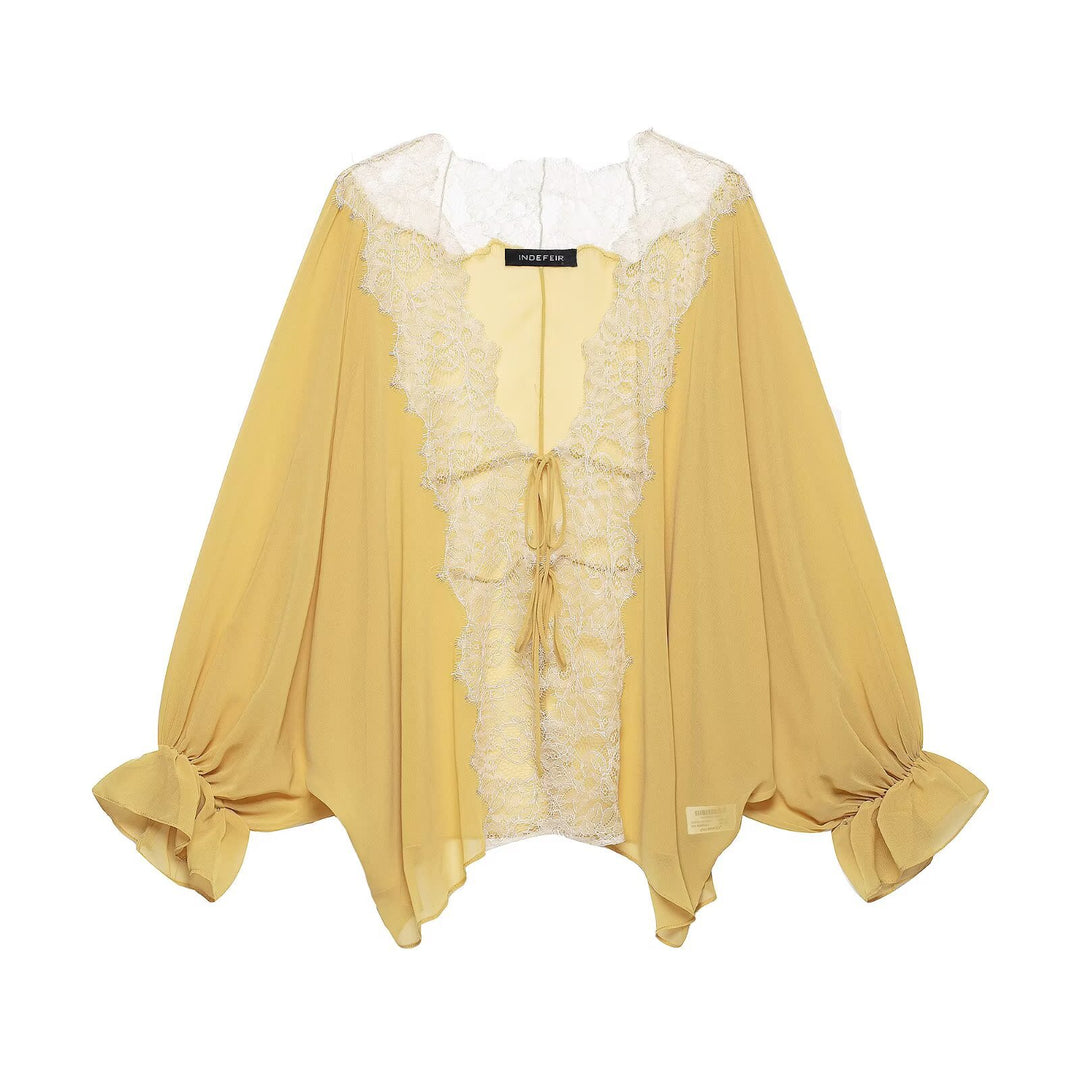 Damen Fließende Kimono‑Bluse mit Spitzenbesatz und Bindeband Drune