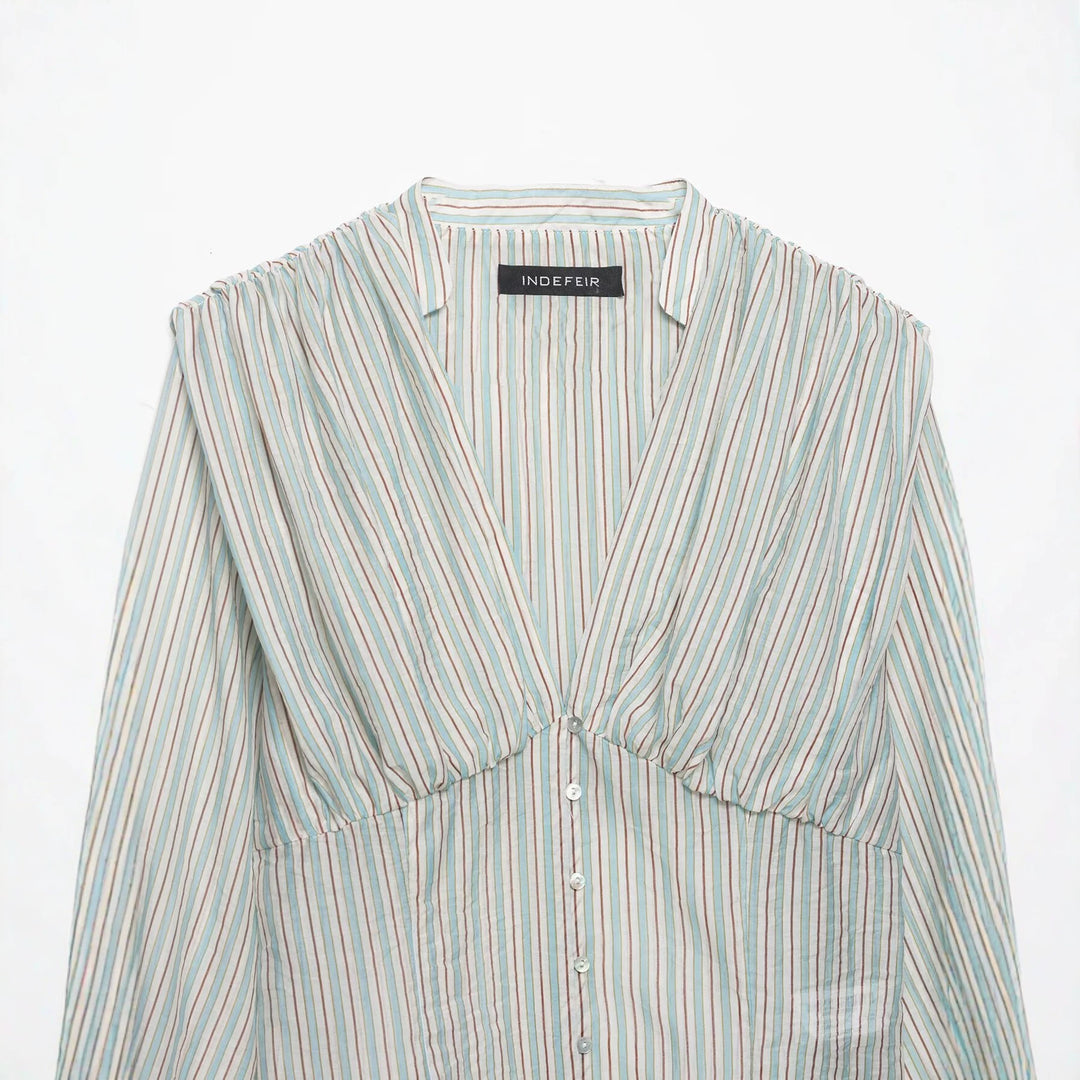 Damen Gestreifte Cropped-Bluse mit tiefem V-Ausschnitt und geraffter Unterbrustnaht Drune