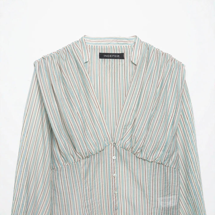 Damen Gestreifte Cropped-Bluse mit tiefem V-Ausschnitt und geraffter Unterbrustnaht Drune