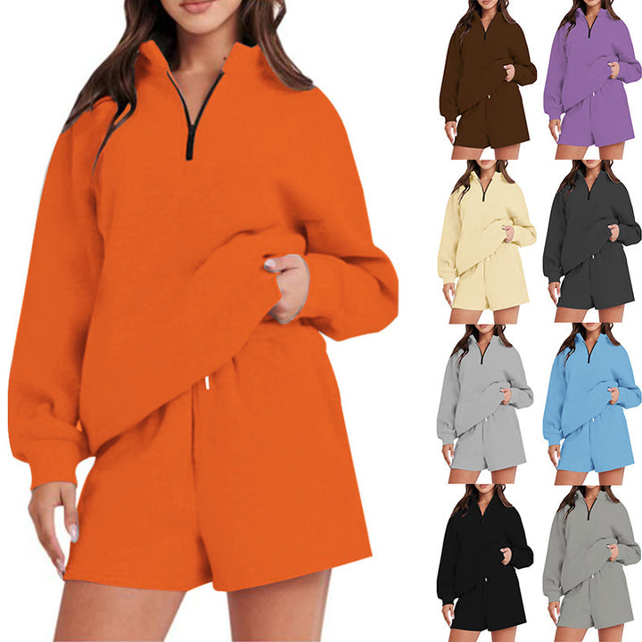 Damen Sportlicher Sweatshirt-Hosen-Set mit hohem Kragen und praktischem Reißverschluss Drune