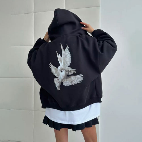 Damen Kapuzensweater mit kunstvollem Vogelmotiv und entspannter Passform Drune