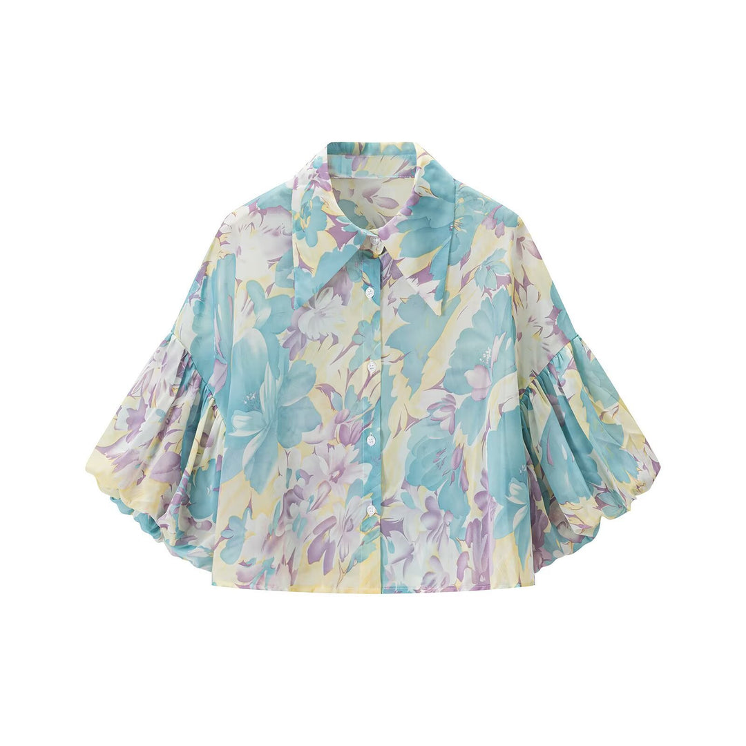 Damen Blumenprint-Chiffonbluse mit weitem Ballonärmel und Hemdkragen Drune