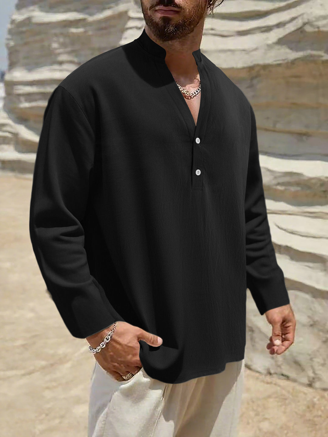 Herren Leichtes Leinen-Henley mit Stehkragen und 2-Knopf-Blende Drune