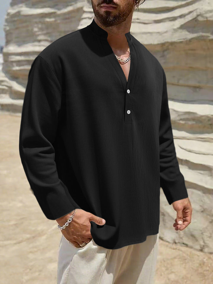 Herren Leichtes Leinen-Henley mit Stehkragen und 2-Knopf-Blende Drune
